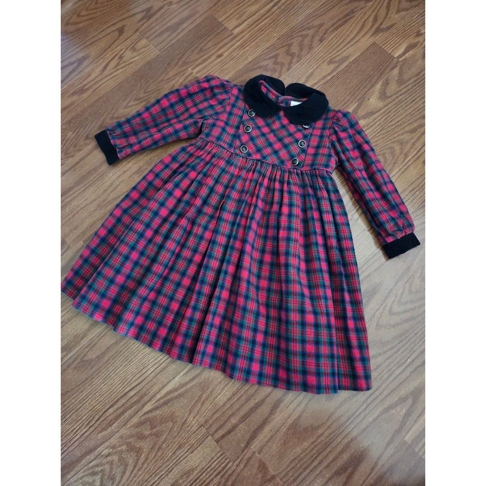 Caroline Classics Girls Red Plaid Corduroy Collar Dress Size 3 Vintage Holiday